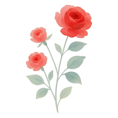 rose bush with layered brushstrokes, vibrant red and pink roses, realistic foliage, elegant shape, watercolor art style sticker