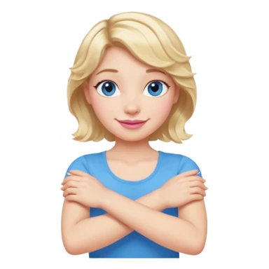 Girl Blonde short wavy hair,  blue eyes, cute blue top, long lashes, pink lips, smiling, making cross arms with arms  sticker