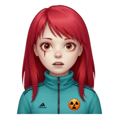 Crie um emoji de uma menina com bochecha gordinha com o cabelo vermelho longo com uma franja reta zumbi casaco de gola alta da adidas sticker