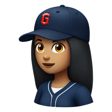 Black long hair girl wearing navy ballcap emblazoned with a red G initial and wearing baseball uniform sticker