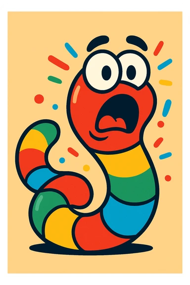 a gummy worm mascot with a shocked look, colorful, energetic sticker