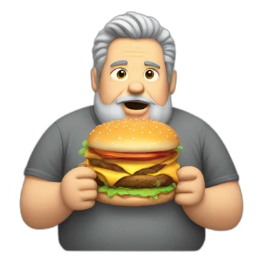 Fat man with grey shirt hair and a big beard eating a burger sticker