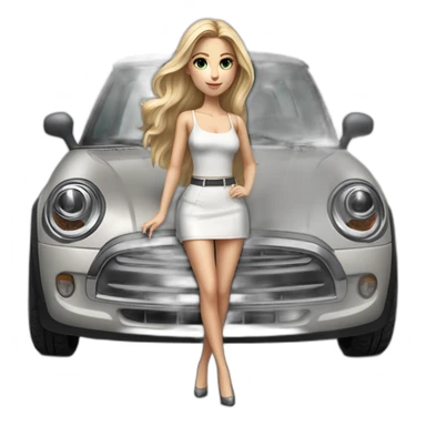 hyperrealist caucasian long blonde hair brown eyes woman white thin straps top gray tight mini skirt black high heeled shoes full body sticker