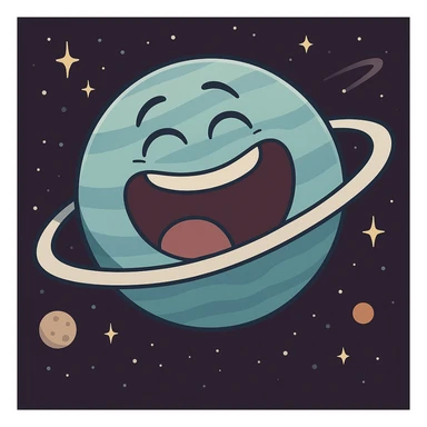 Uranus as a blue-green planet with a wide open mouth, laughing, with stars and space background, cartoon style sticker