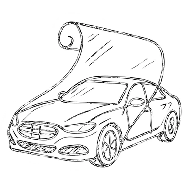 hand-drawn outlined icon of a high-end glossy black car, partially covered by a transparent rolled film, curved effect for adhesion, clean and modern sticker