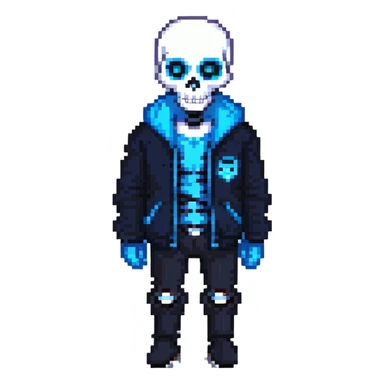 Sans skeleton character from Undertale with blue jacket and glowing blue eye sticker