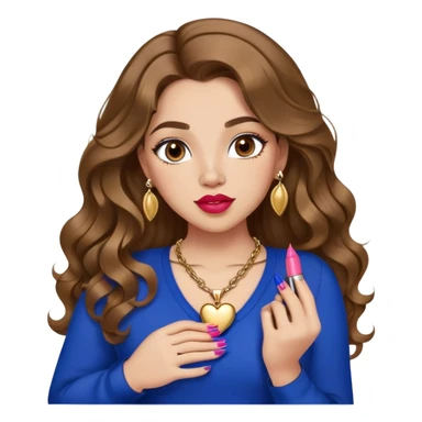 Light skinned girl, long wavy brown hair center-part with face framing pieces, big hazel eyes, gold heart necklace and earrings, royal blue long sleeve top, prominent blush, sassy, big lips, fancy long acrylic nails done, holding lipstick. She is curvy sticker