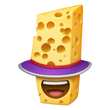 A piece of cheese with a hat sticker