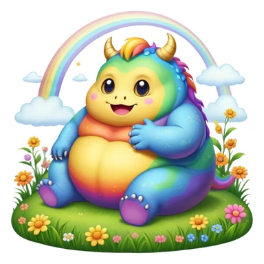 Kawaii derpy fat rainbow monster sitting in a magic field, rich textures, visually detailed, so lifelike that it feels like it could leap off the page at any moment sticker