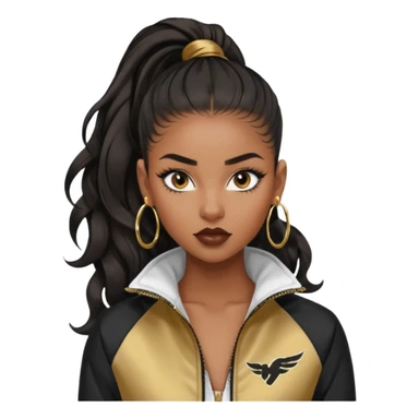 “black Emoji girl, fierce confident expression, sharp black winged eyeliner, bold brows, matte nude lips, long curled lashes, sleek high ponytail, gold hoop earrings, sporty streetwear jacket.” sticker