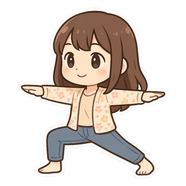 chibi sticker of a girl with brown straight hair and brown eyes, wearing a pastel floral cardigan and jeans, doing yoga in warrior pose, white outline, transparent background, 512x512px sticker