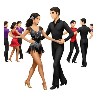 Photorealistic dancesport professional latin couple dancing the samba at the competition dancefloor, the women is in skinny short sparkly dress, the man is in black shirt and black classic pants, the women has brown long hair, the man has short black hair, the man hold woman's hand  sticker