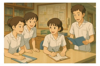 Four nursing students inspired by references, collaborating and interacting in a care station, wearing white short-sleeve uniforms with V-neck medical tunics, left chest pocket, no collar stand, no stethoscopes, nothing protruding from sleeves, warm, dynamic, professional atmosphere, Ghibli style sticker