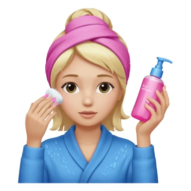 A girl grabbing a pink serum with a towel in blonde hair with a white shower towel in her hair with skincare on her face dressed in a blue sweater sticker