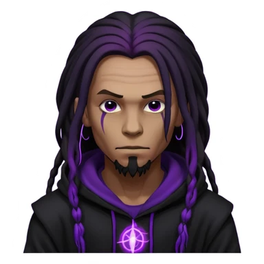 mysterious man with black hoodie and long black dread locks, evil purple aura energy around him sticker