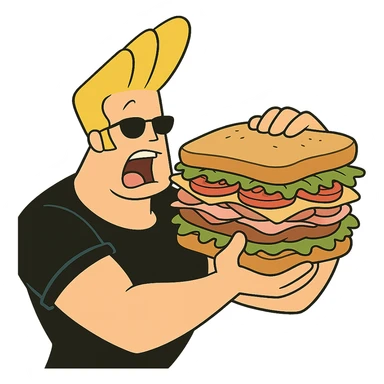 johnny bravo cartoon character, eating a giant sandwich, cartoon style sticker