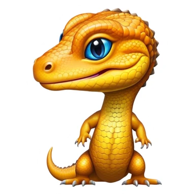 Cinematic Cute Monitor Lizard Portrait Emoji, Head tilted playfully and inquisitively, with a sleek, patterned body accented by vibrant hues and round, sparkling eyes full of wonder, Simplified yet irresistibly adorable features, highly detailed, glowing with a warm, friendly glow, high shine, affectionate and lively, stylized with a touch of exotic charm, bright and endearing, soft glowing outline, capturing the essence of a mischievous yet captivating lizard that seems as if it could scuttle out of the screen into your arms! sticker