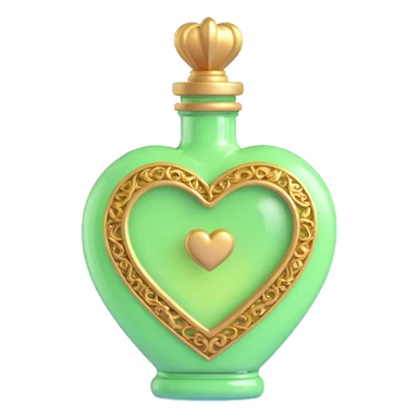 luxurious heart-shaped bottle with golden details, main color light #c0ff53 green, lots of shine, ornaments, magical elixir style, 3D effect sticker