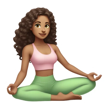 Dark brown long curly hair and green eyes yoga beautiful young woman in light pink pink pink clothes sitting on a yoga mat sticker