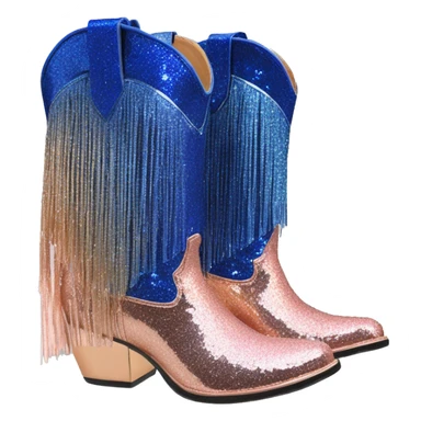 Realistic rose gold and royal blue ombre pair of fashion cowgirl boots with sparkly shiny glitter fringe on them. sticker