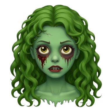 faça uma garota zombie, com a pele verde, cabelo castanho cacheado abaixo do ombro linda sticker