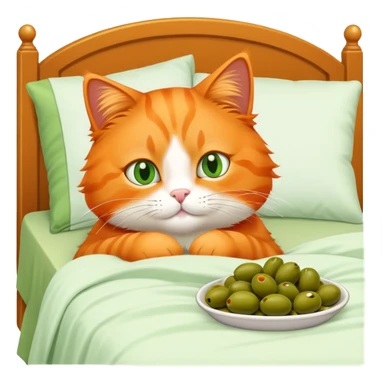 Orange cat eating olives in bed relaxing sticker