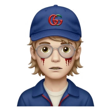Faça um menino pálido, parecendo um Zumbi, faça esse menino com o cabelo ondulado e meio loiro, faça ele usando um boné escrito Gucci, com uma fonte pequena, e faça umas artes de Gg  sticker