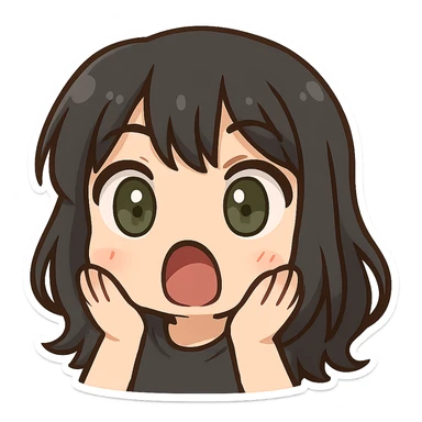 girl with black hair and green eyes, surprised expression, twitch emote style sticker