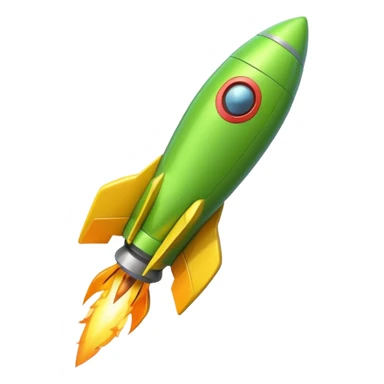 A single rocket, colored in yellow and neon green, glossy and smooth, cartoonish, vibrant colors, high detail, simple and cute design, isolated on white background, centered composition sticker