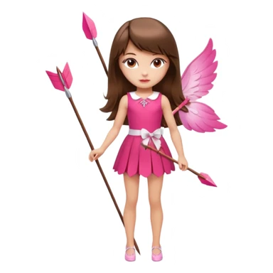 Hada sexy cupido pequeña  de cabello largo lacio castaño con flequillo y ojos cafés  vestida con algo sensual corto color blanco o rojo arco delgado con un color que combinen   y flechas  igual delgadas  que combinen y labios rosas tipo Barbie pero en hada cupido de cuerpo completo ojos sexys  sticker