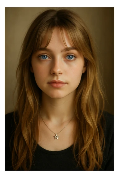 girl with blue eyes, long dirty blonde hair styled with curtain bangs, small silver star necklace, gentle expression sticker