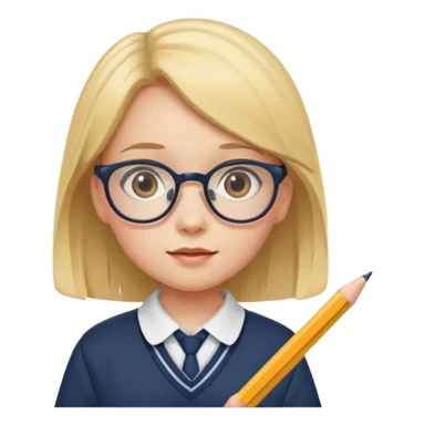 girl kid with glasses → holding a pencil with school uniform sticker