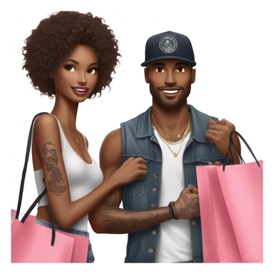 Photo of Victoria secret model shopping with a tattooed male model carrying bags sticker
