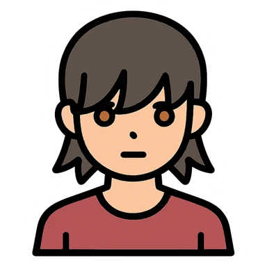 A boy with bangs covering his eyes, long hair sticking out at the back, and long side locks. He has brown eyes and dark brown hair, and is wearing a maroon t-shirt. sticker