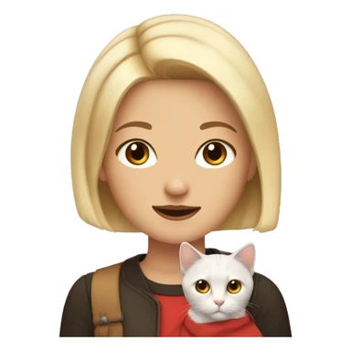 a blonde with a bob haircut and brown eyes holds in her hands a cat of three colors black, red and white sticker