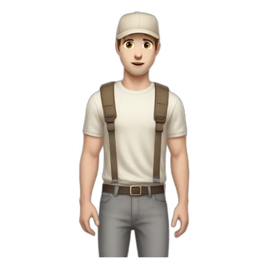 Pale skinned fit Man with dark brown hair in a beige cap, gray jeans, brown polo and white T-shirt keeping a pasted with tape white box into his hands sticker