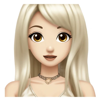 hime gyaru girl with LONG SILKY BLACK HAIR, with beige satin halter top with chest, very pale skin and pretty brown monolid eyes sticker