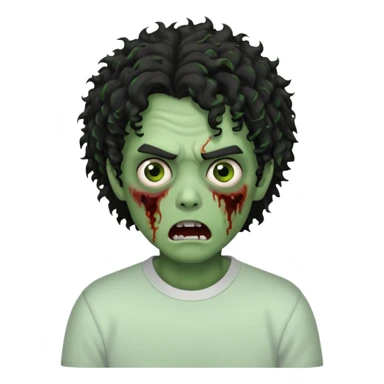 Zombie with black medium curly hair with a white crewneck shirt making a scared face  sticker