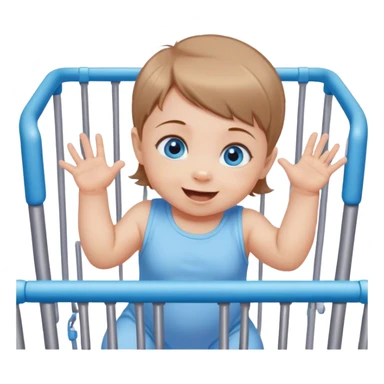 Blue-eyed baby girl with short light brown hair, mischievous smile climbing out of playpen sticker