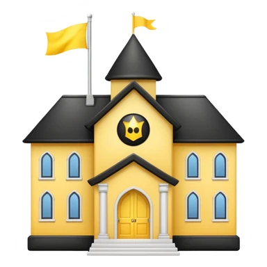 simple magic school, low detail, white background, magic school, black roof, with a big flag, big flag on a roof, big yellow flag, white school sticker