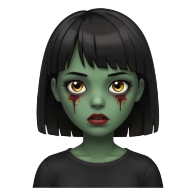Zombie girl emoji verde escuro com cabelo curto liso preto no ombro e franja na altura da sobrancelha cobrindo completamente a testa, usando uma blusa preta, com olhos castanhos escuros sticker