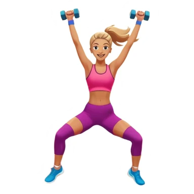 An energetic person performing an aerobics workout in a brightly lit gym, jumping and stretching with enthusiasm. The scene includes vibrant fitness equipment like dumbbells and exercise mats, with a background of cheerful, motivating colors, conveying energy and movement. sticker