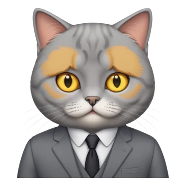 British Shorthair with yellow eyes wears gray suit attends a press conference. sticker