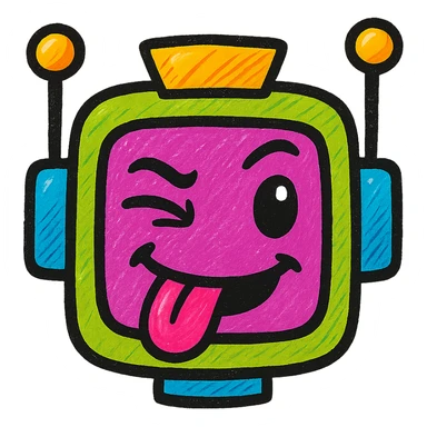 Make a sarcastic robot with the same color palette (purple, green, orange, blue), but with a new sarcastic facial expression such as tongue out, eyebrow raised, or winking. Keep the playful, bold look in vibrant pop colors style. sticker