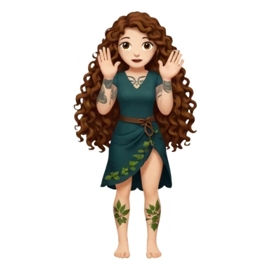 full body view of a woman with long curly brown hair, brown eyes, white skin, tattoos, slow sarcastic clap, glowing leaves falling sticker