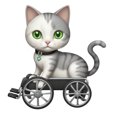 full body small short hair dark grey and white cat with green eyes walking in a wheelchair for cats sticker