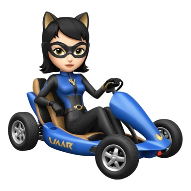 full size real-appearance electric road racing sexy CatWoman’s feminine midnight-colored tight outfit sixty’s tv show dark stealthy accurate sporty safe plush deluxe off-road pursuit drifting car jaguar accents (black hair,reclined and relaxed torso and shoulders back seating position) cross kart  sticker
