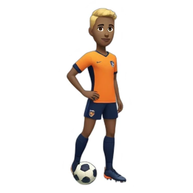 White skinned Soccer player in tangerine top with navy sleeves, navy shorts with tangerine flash, navy socks with tangerine flash  and orange kit sticker
