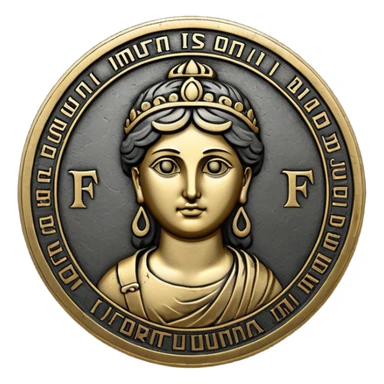 Emoji style, ancient coin made of blackened metal, “FORTUNA” engraved in refined fashion typography, heavy form, subtle worn metal texture, avant-garde editorial aesthetic, no glow, no neon, flat emoji design, centered, transparent background sticker