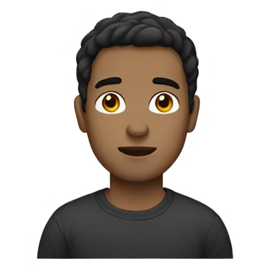 man with short dark brown hair, light skin, neutral expression, and wearing a dark t-shirt sticker